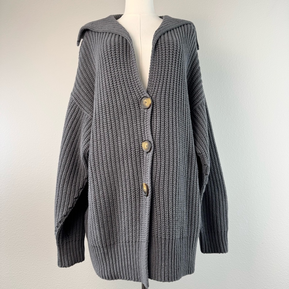 Free People Swim Too Deep Dark Gray Knit Chunky Cardigan Sweater